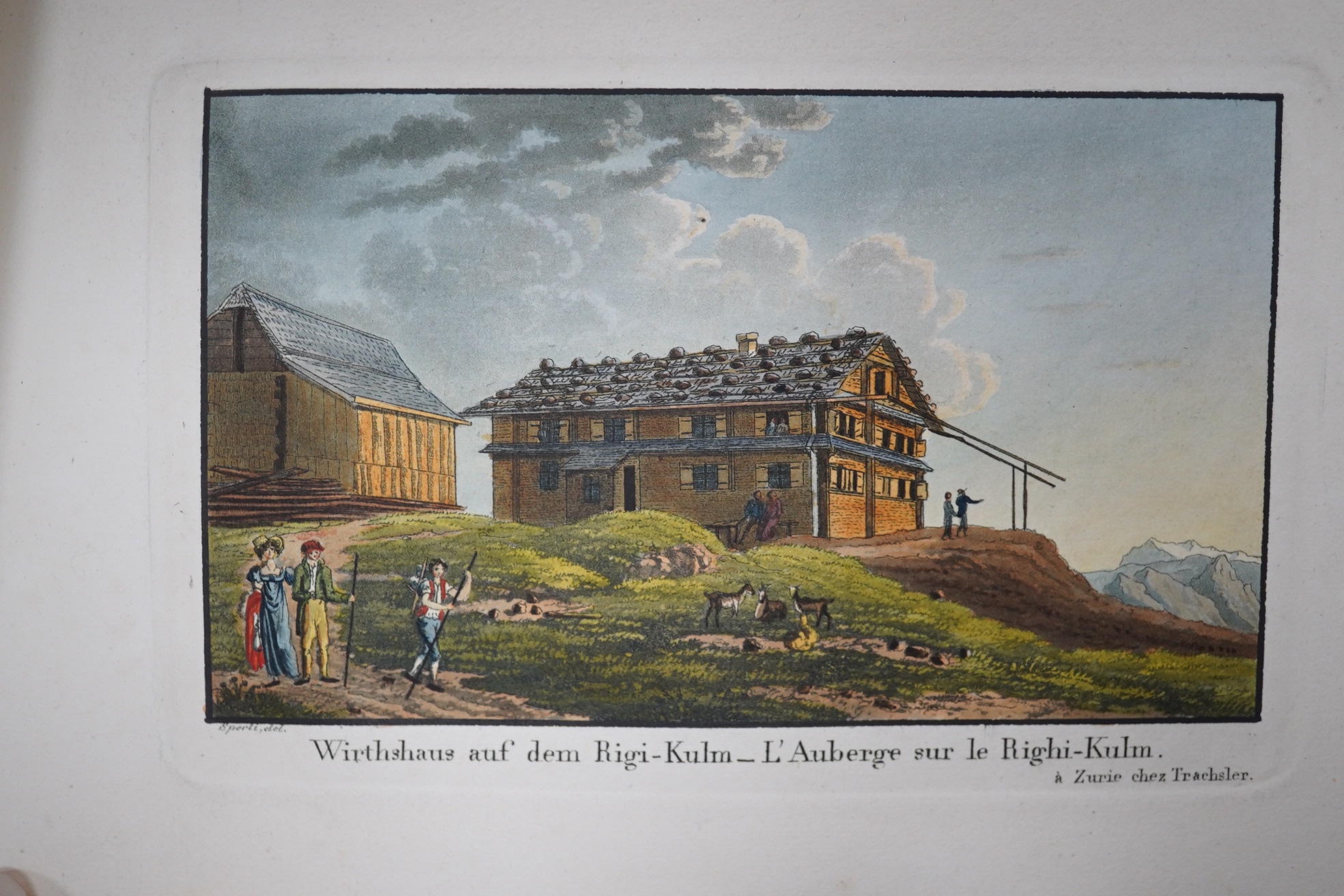 Hegi, Franz – An untitled series of 36 hand-coloured aquatint views of European scenes, 3 of them signed by Franz Hegi, and 2 uncoloured aquatints at rear, oblong 4to (122mm x 90mm), contemporary calf, black morocco lett